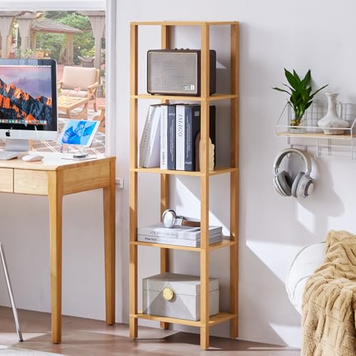 YUFAM 5 Tier Tall Narrow Bookshelf, Skinny Bookcase, Wooden Shelf, Natural | 54'' Tall Thin Book Shelf, Skinny Book Shelf for Modern Narrow Industrial Shelf fits Living Room, Office, Bedroom, Kitchen - color: Natural, size: 5-Tier