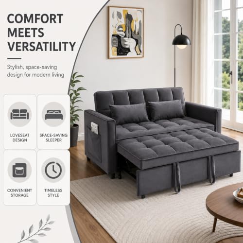 3 In 1 Velvet Convertible Sofa Bed, Pull Out Couch Bed with Reclining Backrest And 2 Pillows, 54" Full Size Loveseat Sleeper Sofa Futon Couch Bed, Couches For Small Spaces, Living Room (Grey) - color: Grey