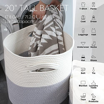 Sea Team Large Woven Cotton Rope Laundry Basket with Lid, 20 x 16 in | Collapsible Knitted Hamper with Handles, Lidded Closet Shelf Organizers for Clothing, Blankets, Toys, Bedding, Pink - color: White & Pink
