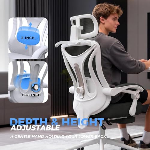 CYKOV Ergonomic Office Chair with Footrest - Adjustable Lumbar Support & Headrest, 90-135° Reclining Mesh Back Computer Chair - Home Office/Gaming, 350lbs Capacity | 4-Way Headrest (4.72" + 60°), 2-Way Lumbar (2" + 1.18"), 90-135° Recline, Breathable Mesh