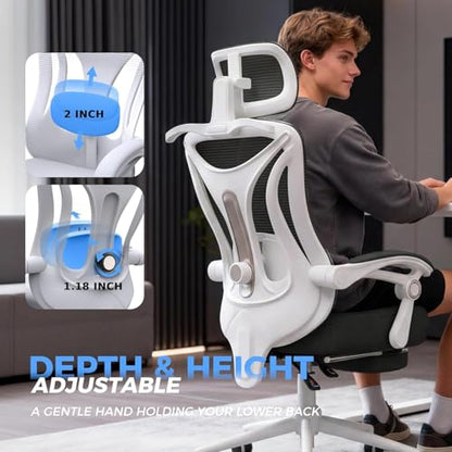 CYKOV Ergonomic Office Chair with Footrest - Adjustable Lumbar Support & Headrest, 90-135° Reclining Mesh Back Computer Chair - Home Office/Gaming, 350lbs Capacity | 4-Way Headrest (4.72" + 60°), 2-Way Lumbar (2" + 1.18"), 90-135° Recline, Breathable Mesh