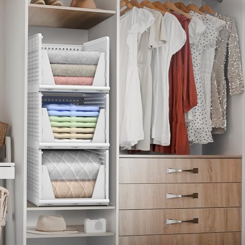Sorbus 3 Pack Folding Closet Shelf Organizer for Clothes - Versatile Stackable Storage Baskets for Closet, Bathroom, Kitchen and Garage - Easy Access Open Front Design - Plastic Organizer Shelves - size: 3 Large
