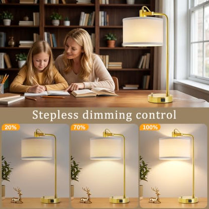 Gold Table Lamp Set of 2, USB A+C, 180° Adjustable Bedside Lamps, Dimmable | Bare Bulb Compatible, Industrial Nightstand Lamp with Linen Lampshade, LED Bulbs Included, Desk Lamp for Bedroom, Living Room - color: Gold-A