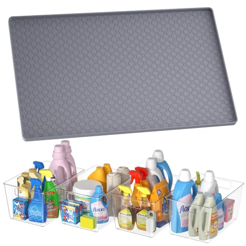 Waterproof Under Sink Mat 34"x22" with 4 Pcs Clear Plastic Storage Bins, Kitchen Bathroom Under Sink Organizer Set, Cabinet Shelf Liner Protection Mat for Pantry Apartment Home Organization Essentials