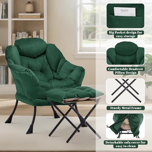 Lazy Chair with Ottoman, Comfy Reading Chair, Emerald Green | Cushioned Seat with Foldable Ottoman and Side Pocket, Lounge Chair for Bedroom, Living Room, Dorm and Small Spaces - color: Emerald Green