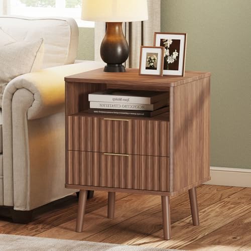EAG Mid Century Modern Nightstand, Bedside Table with 2 Drawers, Walnut | Fluted Nightstand with Open Storage Shelf & Solid Wood Legs, Wooden End Table for Bedroom, Sofa Home Office - color: Walnut, size: 18" W