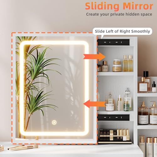 White Makeup Vanity Desk with Sliding Mirror & 4 Drawers | Smart LED Mirror, 3 Adjustable Lighting Modes, Vanity Chair, 4 Drawers, 7 Shelves, Dressing Table for Women, Girls - style: White with Slide mirror