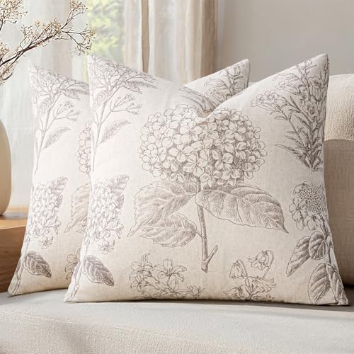 Set of 2 Decorative Floral Pillow Covers 16x16 Inch Light Camel | Neutral Hydrangea Print, Boho Vintage Throw Cushion Covers, Cottagecore Home Decor, for Sofa Couch Porch Bedroom Living Room - color: Light Camel, size: 16" x 16" (Pack of 2)