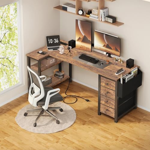 Lufeiya L Shaped Computer Desk with Drawers & Storage Shelves, 55 Inch Corner Desk with Power Outlet for Home Office Bedroom, L-Shaped Teen PC Gaming Desks with Fabric Drawer, Rustic Brown - color: Brown, size: 55.1"
