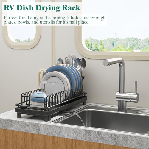 XYZLVSI Small Sink Dish Drying Rack, Compact Dish Drainer with Drainboard | Rustproof stainless steel sink dish rack ideal rv/camper, removable utensil holder, plate rack, fork & knives space saving