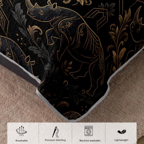 AILONEN Damask Elephant Queen Quilted Comforter Set, Black Gold Printed Bedding with 2 Pillowcases, Microfiber Filling, Master Family Bedroom - color: Black Striped Elephant, size: Queen