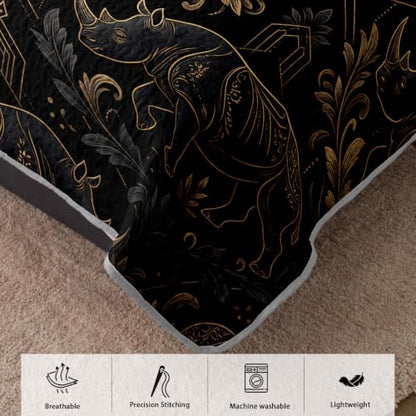 AILONEN Damask Elephant Queen Quilted Comforter Set, Black Gold Printed Bedding with 2 Pillowcases, Microfiber Filling, Master Family Bedroom - color: Black Striped Elephant, size: Queen