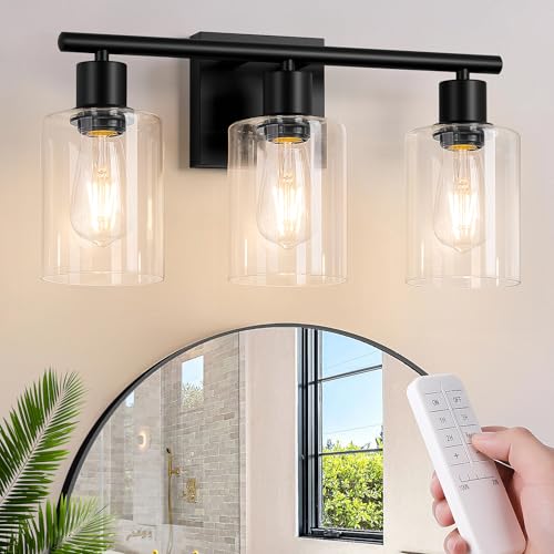 Battery Operated Wall Sconce, 3-Light Black Wireless Rechargeable Vanity Light Fixture with Remote & Bulbs, Dimmable Modern Indoor Non-Hardwired Wall Mounted Lamp for Bedroom, Living Room, Bathroom - color: Black