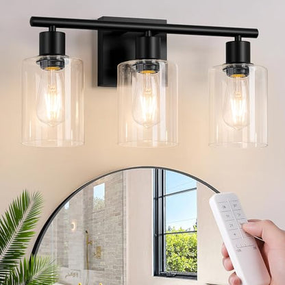Battery Operated Wall Sconce, 3-Light Black Wireless Rechargeable Vanity Light Fixture with Remote & Bulbs, Dimmable Modern Indoor Non-Hardwired Wall Mounted Lamp for Bedroom, Living Room, Bathroom - color: Black