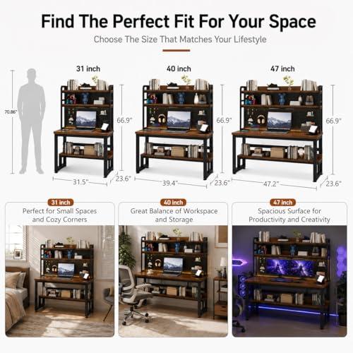 Computer Desk with Power Outlet & LED Lights | 31 inch Gaming Desk with Hutch & Pegboard, Home Office Desk with Storage Shelves for Bedroom, Study(Brown,31inch) - color: Brown, size: 31inch