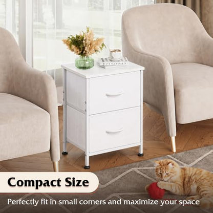 WLIVE White Night Stand, Small Dresser with 2 Drawers & Wooden Top, White | Nightstand with Fabric Bins, Bedside Table End Table for Bedroom, 15-Min Quick-Assembly - color: White, size: 11.8"D x 15.7"W x 20.9"H