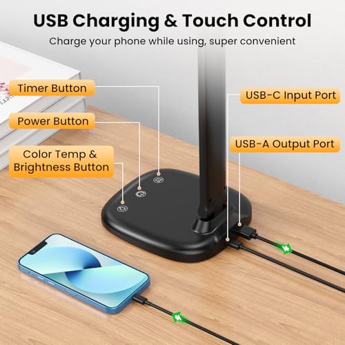 Desk Lamp with Charger, 10%-100% Stepless Dimmable & 5 Color Modes Study Lamp, Touch Control, 30-/60-minute Timer, USB Charging Output Port, CRI≥90, Eye-Caring Foldable LED Desk Lamps for Home Office - color: Black-US