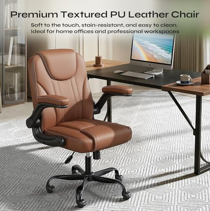 PU Leather Mid-Back Office Chair, Flip-Up Arms, 3.5" Dual-Layer Cushion | PU leather mid-back chair with 3.5" dual-layer cushion, flip-up armrests, swivel wheels, and pneumatic height adjustment - color: Brown