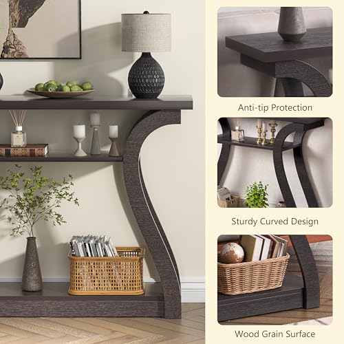 47" Narrow Console Table, Entry Table with Curved Legs, Sofa Table | Wood Console Table 3-tier Shelf Modern Accent Sofa Table for Entrance Area, Living room, Hallway (Brown) - color: Dark Brown