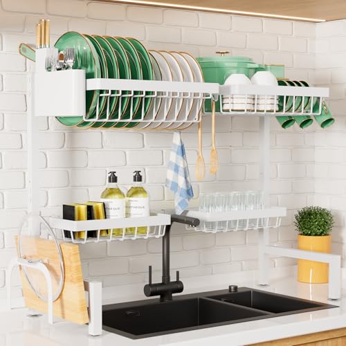 Kitsure Adjustable Over The Sink Dish Drying Rack, 26.8" -33.9"x21.5" | Sink Drying Rack for Kitchen Sink, Dish Rack Over Sink with Cutlery & Utensil Holders, Kitchen Storage, White - color: White, size: Large