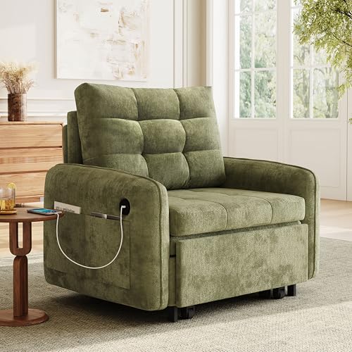 3-in-1 Convertible Sleeper Chair Bed, Multi-Functional Chenille Single Sofa Bed with Storage Pockets and Box, 80" Extra Long Pull Out Sleeping Lounge Chair for Living Room & Apartment (Green,35) - color: Green,35