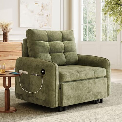 3-in-1 Convertible Sleeper Chair Bed, Multi-Functional Chenille Single Sofa Bed with Storage Pockets and Box, 80" Extra Long Pull Out Sleeping Lounge Chair for Living Room & Apartment (Green,35) - color: Green,35