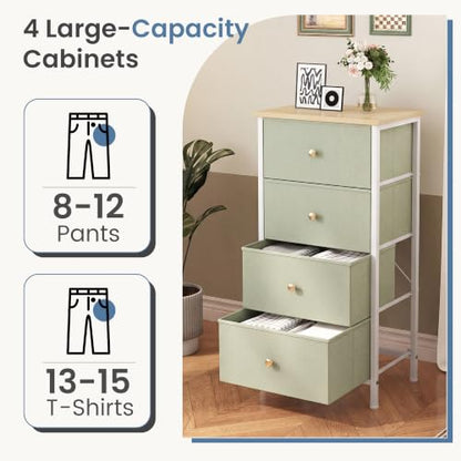 DUMOS Nightstand, Bedside Table with 4 Fabric Drawers | Night Stand with Removable Bins, Steel Frame Wood Top, Small Dresser for Bedroom Closet, Living Room, Light Green - color: Light Green, size: 11.8"D x 17.7"W x 37.4"H (4 Drawers)