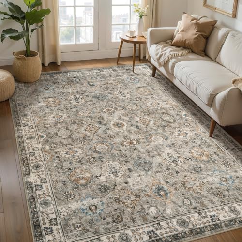 Tangsoo 3x5 Washable Area Rugs Non Slip,Vintage Beige Floral Throw Rugs | Boho Farmhouse 3 x 5 Rugs for Entryway,Soft Low Pile Neutral Rug Carpet Indoor Mat for Entrance Office Bedroom Living Room - color: Distressed Beige Grey, size: 3' X 5' (Rectangular