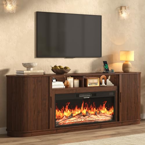 85.6" Fireplace TV Stand for TV Up to 90",Entertainment Center with 40" Electric Fireplace,Simulates 12 Flame Colors,Countertop with Power Outlet, Large Capacity, for Living Room,Walnut - color: Walnut