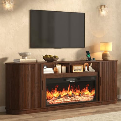 85.6" Fireplace TV Stand for TV Up to 90",Entertainment Center with 40" Electric Fireplace,Simulates 12 Flame Colors,Countertop with Power Outlet, Large Capacity, for Living Room,Walnut - color: Walnut