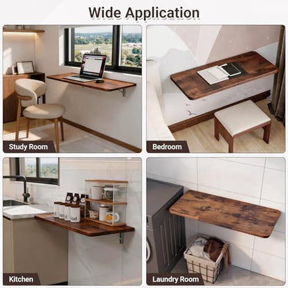 Neoaider Wall Mounted Folding Desk 35.4” x 15.7”, Brown | Drop Down Table with Metal Collapsible Brackets, Folding Wall Table for Small Spaces, Home, Office, Kitchen, Laundry Room - color: Brown, size: 35.4" x 15.7"