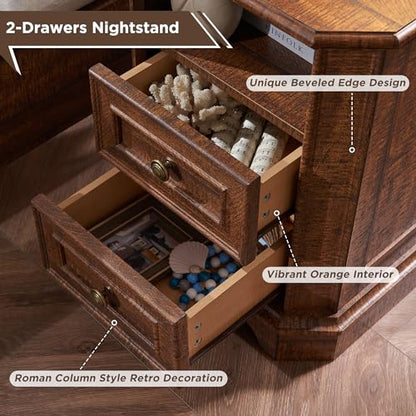 T4TREAM Farmhouse Nightstand with Charging Station, 18" End Table with 2 Drawers, Wood Side Table, Bedside Cabinet for Bedroom, Living Room (Brown) - color: Brown