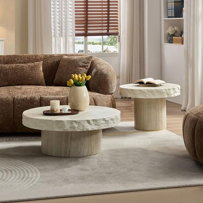 Round Nesting Coffee Table with Faux Mars Pattern for Living Room, Modern Fiberglass Circle Travertine Center Table with Base, Faux Stone Tea Table, No Need Assembly, 31.7"+23.8" (Beige) - color: G-31.69"+23.82" Beige