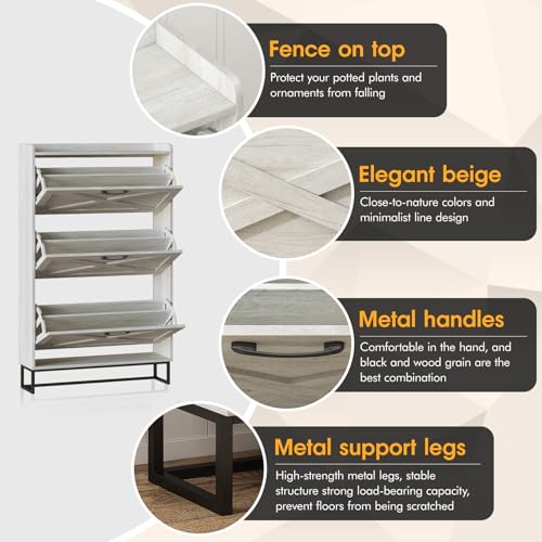 Maupvit Shoe Storage Cabinet with 3 Flip Drawers, Freestanding Organizer with Metal Legs for Entryway, Narrow Shoe Rack Cabinet, Beige - color: Beige, style: 3-Drawers