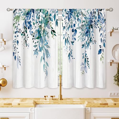 Eucalyptus Botanical Leaves Navy Wooden Floral Kitchen Window Curtains Over Sink Farmhouse Flower Leaf Small Window Treatment Cafe Short Curtains for Bathroom Treatment Tier Drapes 26x24 inch - color: 08 Blue, size: 26"W x 24"L (Pack of 2)