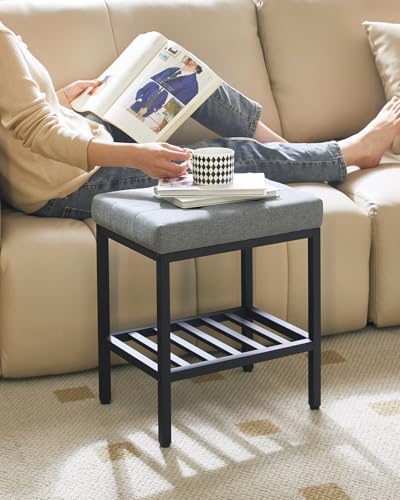 IBUYKE Rectangular Makeup Stool, Linen Seat Vanity Chair, Blue Gray WBD017L | Adjustable Feet Storage Space Footrest Multi-Use Small Side Table Ottoman Bedroom - color: Blue Gray, size: Rectangular