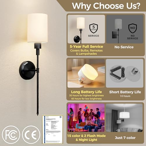 Battery Operated Wall Sconce: Set of 2 Wireless Wall Lights with 12000mAh | 15 Color Rechargeable Wall Sconces, Not Harwired Sconce Wall Decor Set of 2 for Bedroom, Living Room, Black 24.3in - color: Black