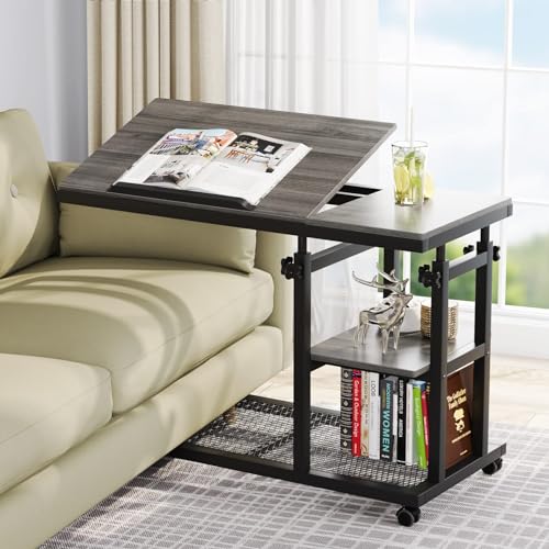 Tribesigns Height Adjustable C Table with Wheels, Mobile Couch Snack Side Table with Tiltable Drawing Board, Sofa Bedside Laptop Stand C Shaped TV Tray with Storage Shelves (Grey) - color: Grey+black