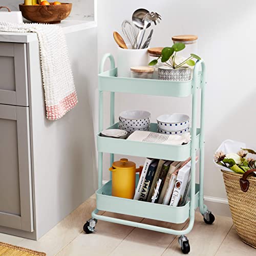 Amazon Basics 3-Tier Metal Rolling Utility Cart, Storage Organizer, Multi-Functional Kitchen Island Cart, Portable Shelving Unit with Caster Wheels, Mint Green - color: Mint Green