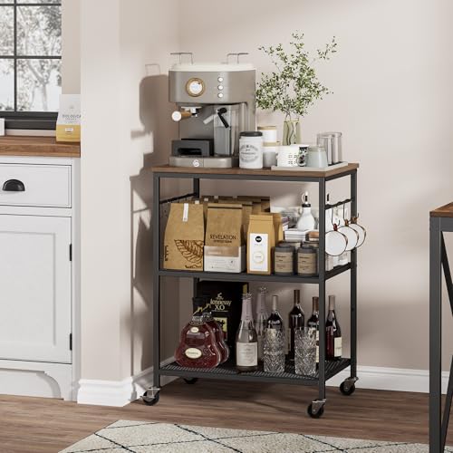 Homleke 3-Tier Rolling Kitchen Microwave Cart, Utility Cart | Coffee Bar Table Station with 6 Hooks, Small Appliance Storage Shelf, Rustic Brown and Black - color: Rustic Brown and Black