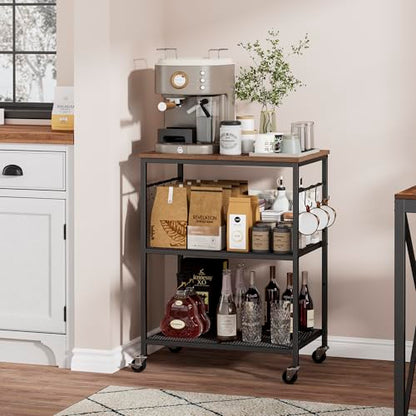 Homleke 3-Tier Rolling Kitchen Microwave Cart, Utility Cart | Coffee Bar Table Station with 6 Hooks, Small Appliance Storage Shelf, Rustic Brown and Black - color: Rustic Brown and Black