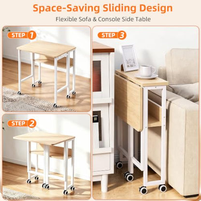VECELO Folding Desk with Upgraded Wheels, 24.8 Inch Rolling Computer Table with Storage Shelf, Space Saving Sofa Table, Portable Mobile Workstation Small Spaces, Easy Assembly, Light Oak - color: Light Oak