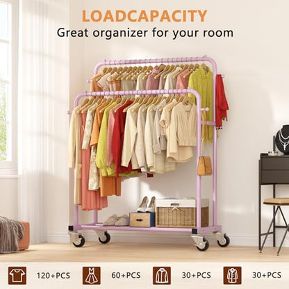 Laiensia Double Rods Garment Rack with Wheels, Clothing Rack for Hanging Clothes,4 Hooks, Multi-Functional Bedroom Clothes Rack, Pink - color: pink