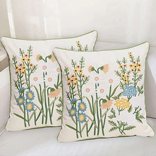Set of 2 Embroidered Decorative Throw Pillow Covers Couch Square Pillowcases Cushion for Bedroom Sofa Farmhouse Decor 18x18 Inch (Yellow Daisy) - color: Yellow Daisy