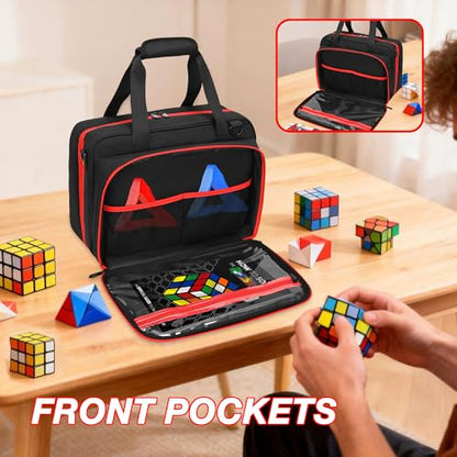 Speed Cube Case Holds 30+ Cubes and Timer with Shoulder Strap | Puzzle Cube Storage Bag with 6 Clear PVC Pockets, Front Organizer, D-Ring, Handles and Detachable Shoulder Strap, Black