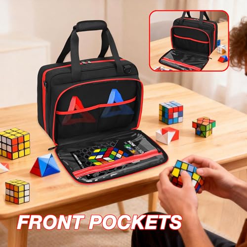 Speed Cube Case Holds 30+ Cubes and Timer with Shoulder Strap | Puzzle Cube Storage Bag with 6 Clear PVC Pockets, Front Organizer, D-Ring, Handles and Detachable Shoulder Strap, Black
