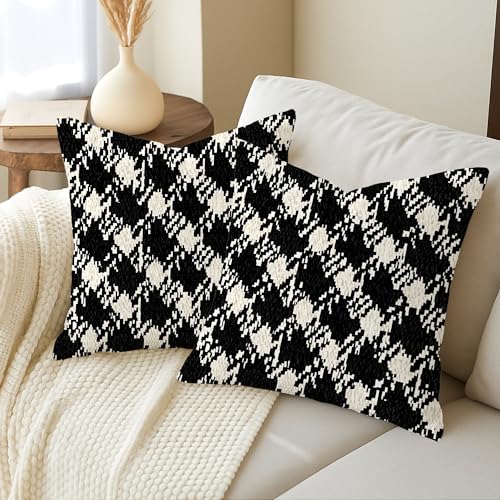 Houndstooth Throw Pillow Covers Set of 2, Modern Contemporary Geometric Abstract None Black Soft Velvet Washable Square Pillow Cases for Home Living Room Bedroom Dorm Couch Decor 16x16 Inch - size: 16" x 16" (Pack of 2)