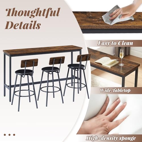 63” Long Bar Table Set for 3, Counter Height Industrial Pub Table with 3 PU Upholstered Bar Stools, Space-Saving Kitchen Breakfast Table and Chairs for Small Spaces, Rustic Brown and Black - color: Rustic Brown, style: Long bar table with stools/bar table
