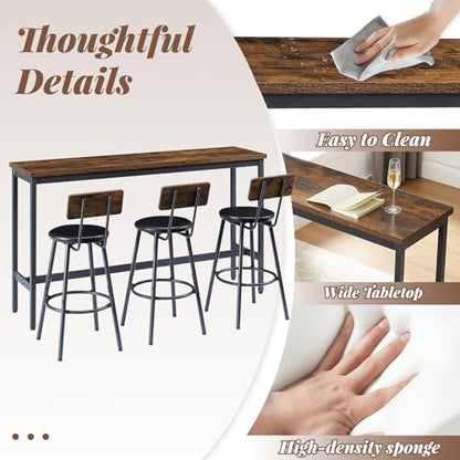 63” Long Bar Table Set for 3, Counter Height Industrial Pub Table with 3 PU Upholstered Bar Stools, Space-Saving Kitchen Breakfast Table and Chairs for Small Spaces, Rustic Brown and Black - color: Rustic Brown, style: Long bar table with stools/bar table