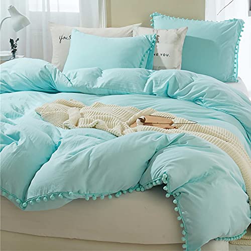 ETDIFFE Turquoise Boho Duvet Cover Set Twin Size, 2 Piece, 68x90 Inch | Bohemian Aqua Pompom Microfiber Bed Comforter Cover Set, Farmhouse Soft & Lightweight Teal Bedding Quilt Cover - color: Turquoise, size: Twin (One Pillowcase, No Comforter)